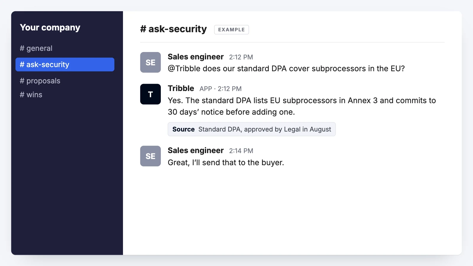 Example Slack thread: a question answered with its approved source